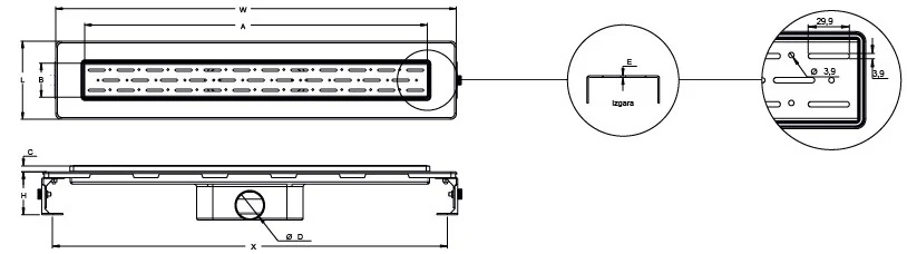 Bathroom drain with horizontal flange, rain grate 60 cm, shower channel with water seal Bathroom drain with horizontal flange, rain grate 60 cm, shower channel with water seal