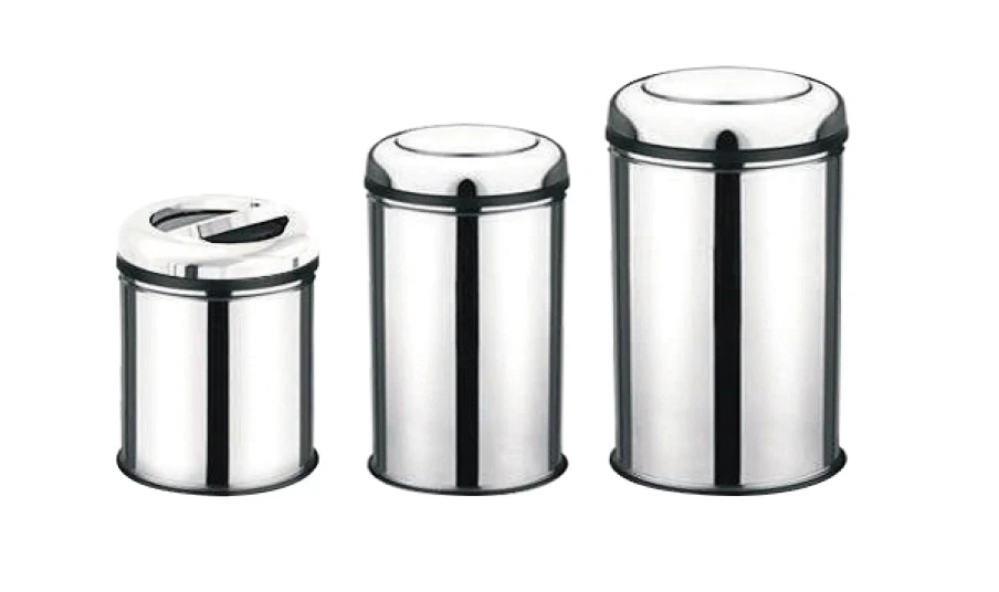 Household round trash can with rotating lid made of stainless steel 32 liters