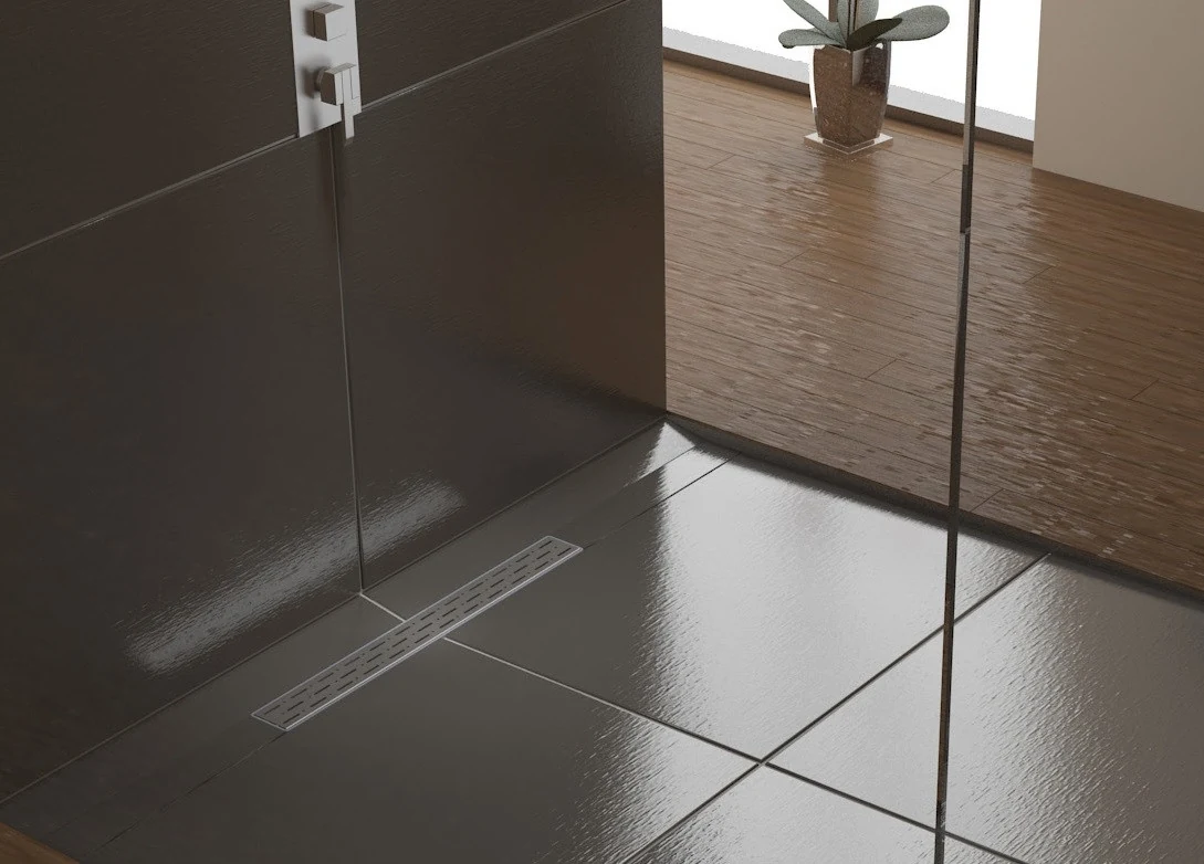 Linear drain with horizontal flange, 33 cm rain grate, shower channel with side outlet Linear drain with horizontal flange, 33 cm rain grate, shower channel with side outlet