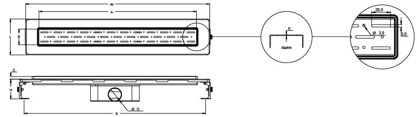 Linear drain with horizontal flange, 33 cm rain grate, shower channel with side outlet Linear drain with horizontal flange, 33 cm rain grate, shower channel with side outlet
