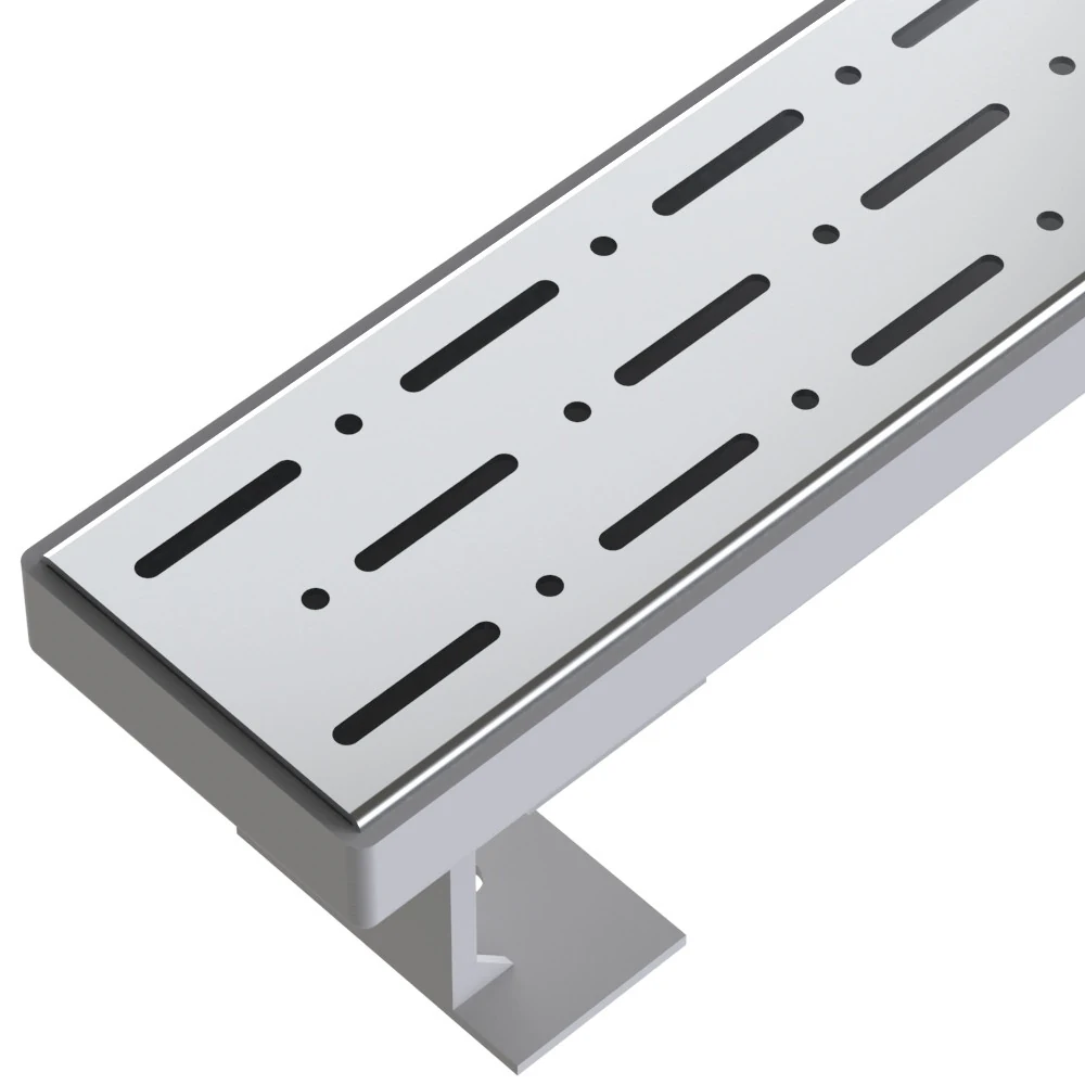 Linear drain with horizontal flange, 33 cm rain grate, shower channel with side outlet Linear drain with horizontal flange, 33 cm rain grate, shower channel with side outlet