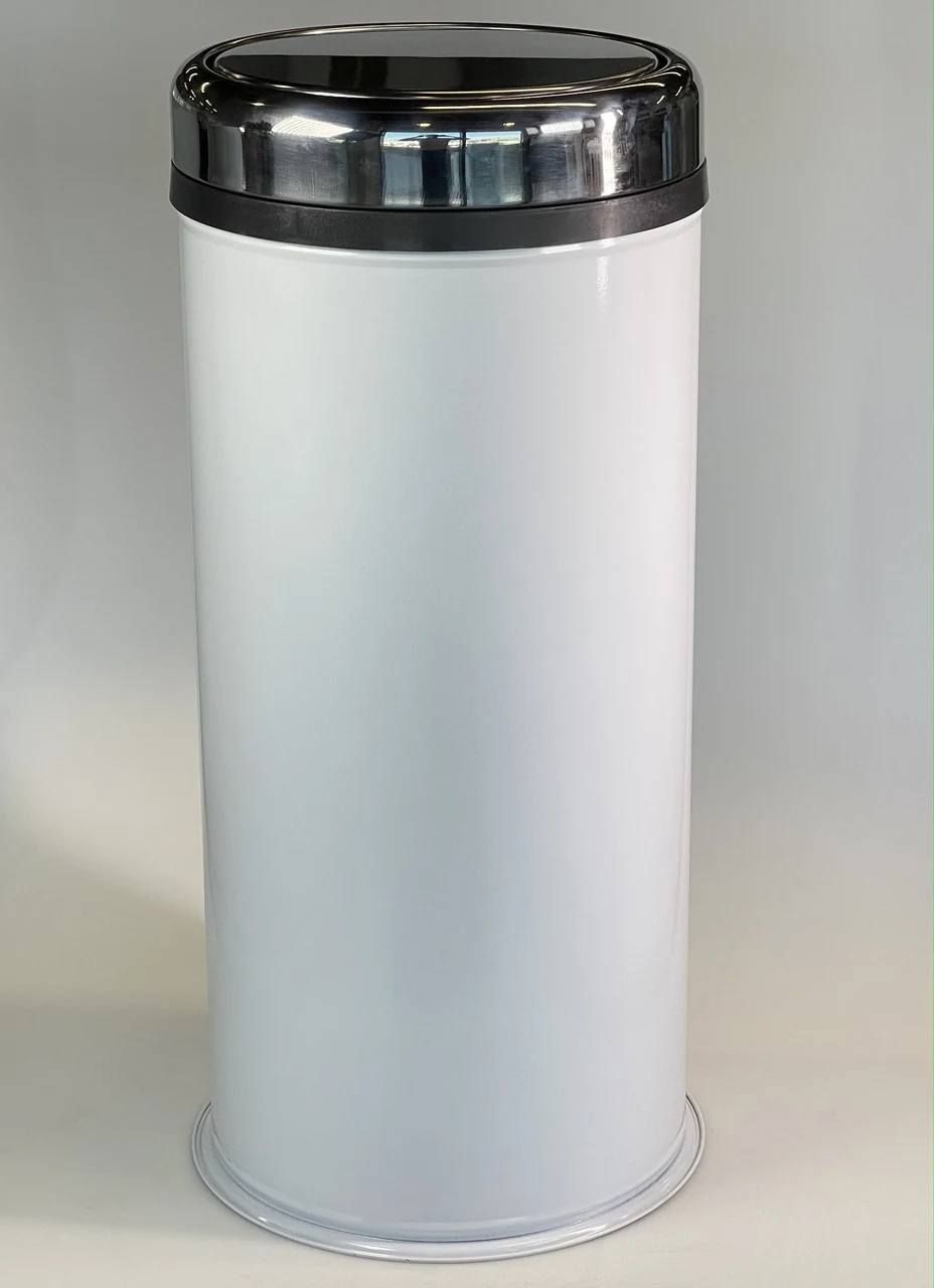 Round trash can with rotating stainless steel lid and rim 27 liters white