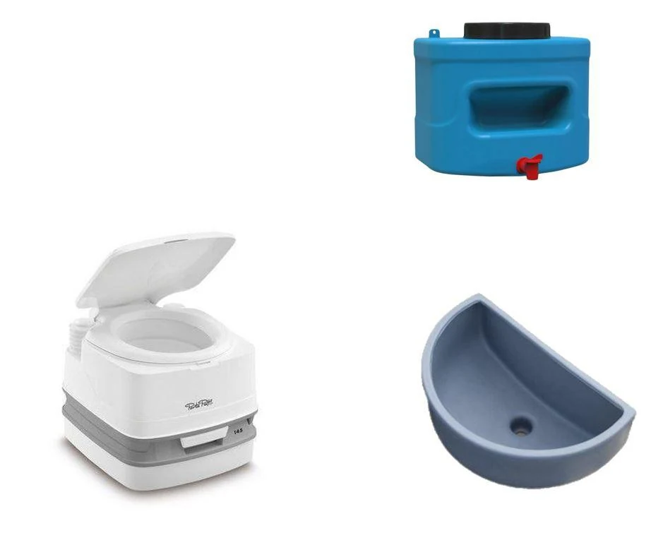 Set of dry toilet, washbasin, sink