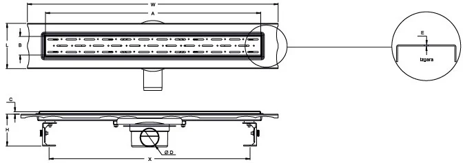 Душевой канал с горизонтальным фланцем, решетка "Дождь" 60 см, Душевой лоток с корпусом из нержавеющей стали Душевой канал с горизонтальным фланцем, решетка "Дождь" 60 см, Душевой лоток с корпусом из нержавеющей стали