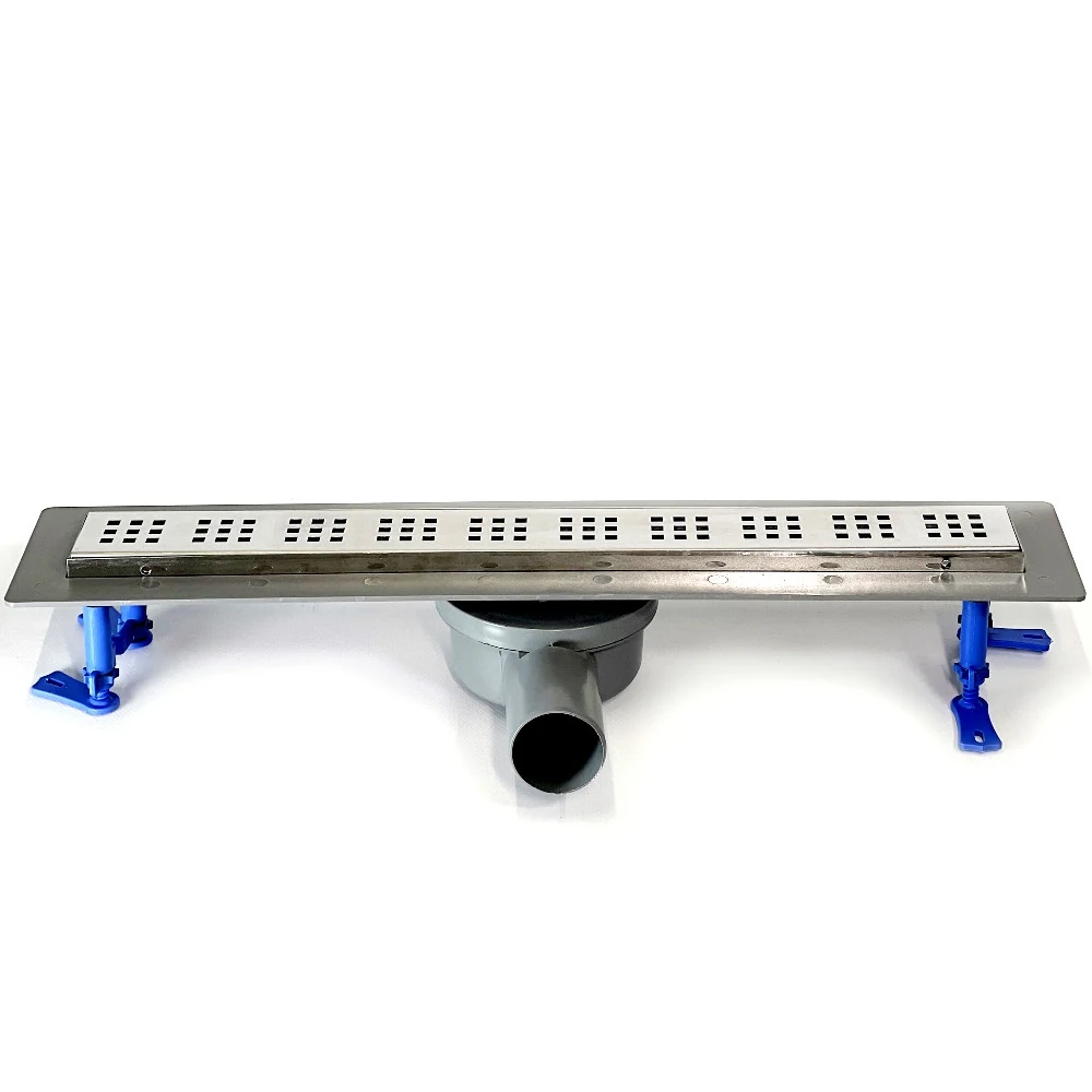Shower drain for shower with horizontal outlet, swivel siphon with square grate 80 cm