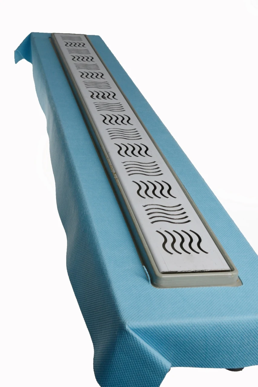 Shower drain, stainless steel grate "Wave" 80 cm, shower channel with horizontal flange Shower drain, stainless steel grate "Wave" 80 cm, shower channel with horizontal flange
