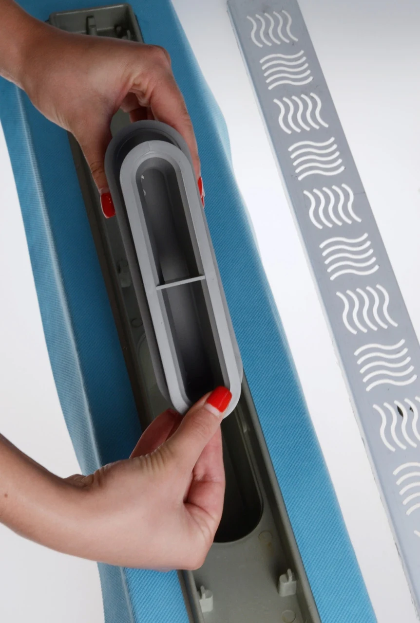 Shower drain, stainless steel grate "Wave" 80 cm, shower channel with horizontal flange Shower drain, stainless steel grate "Wave" 80 cm, shower channel with horizontal flange