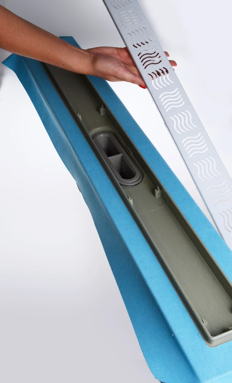 Shower drain, stainless steel grate "Wave" 80 cm, shower channel with horizontal flange Shower drain, stainless steel grate "Wave" 80 cm, shower channel with horizontal flange