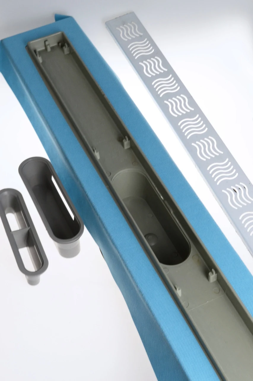 Shower drain, stainless steel grate "Wave" 80 cm, shower channel with horizontal flange Shower drain, stainless steel grate "Wave" 80 cm, shower channel with horizontal flange