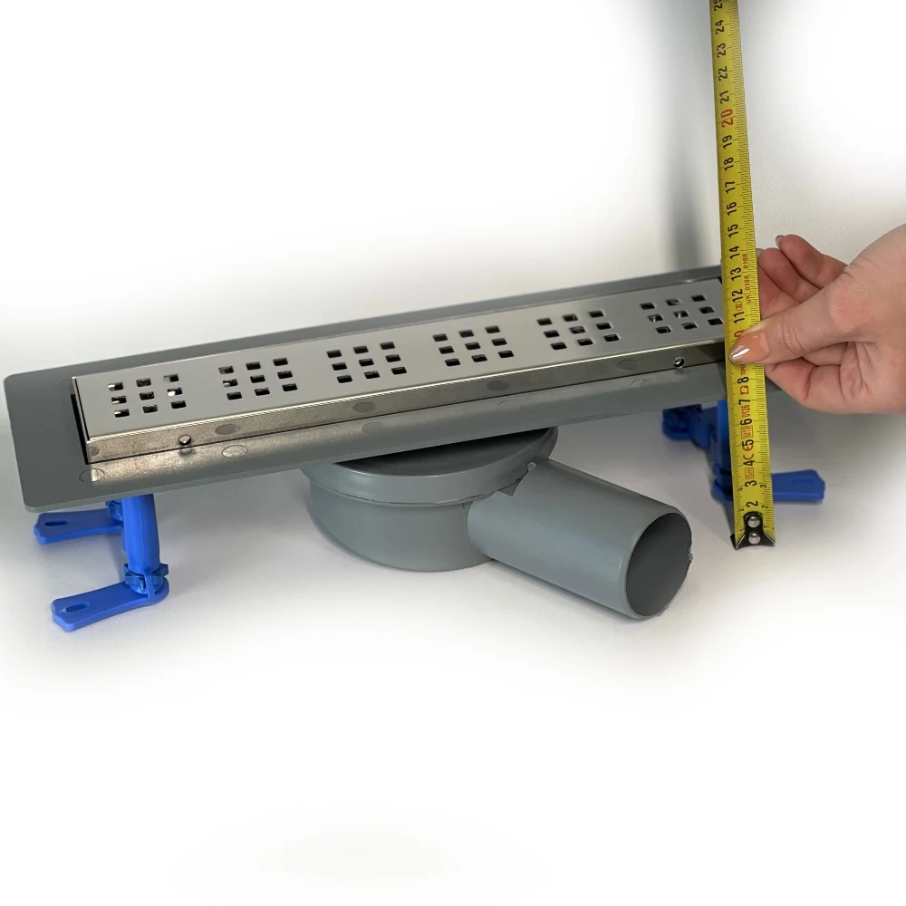 Shower drain with horizontal outlet, 33 cm square grate with horizontal flange Shower drain with horizontal outlet, 33 cm square grate with horizontal flange