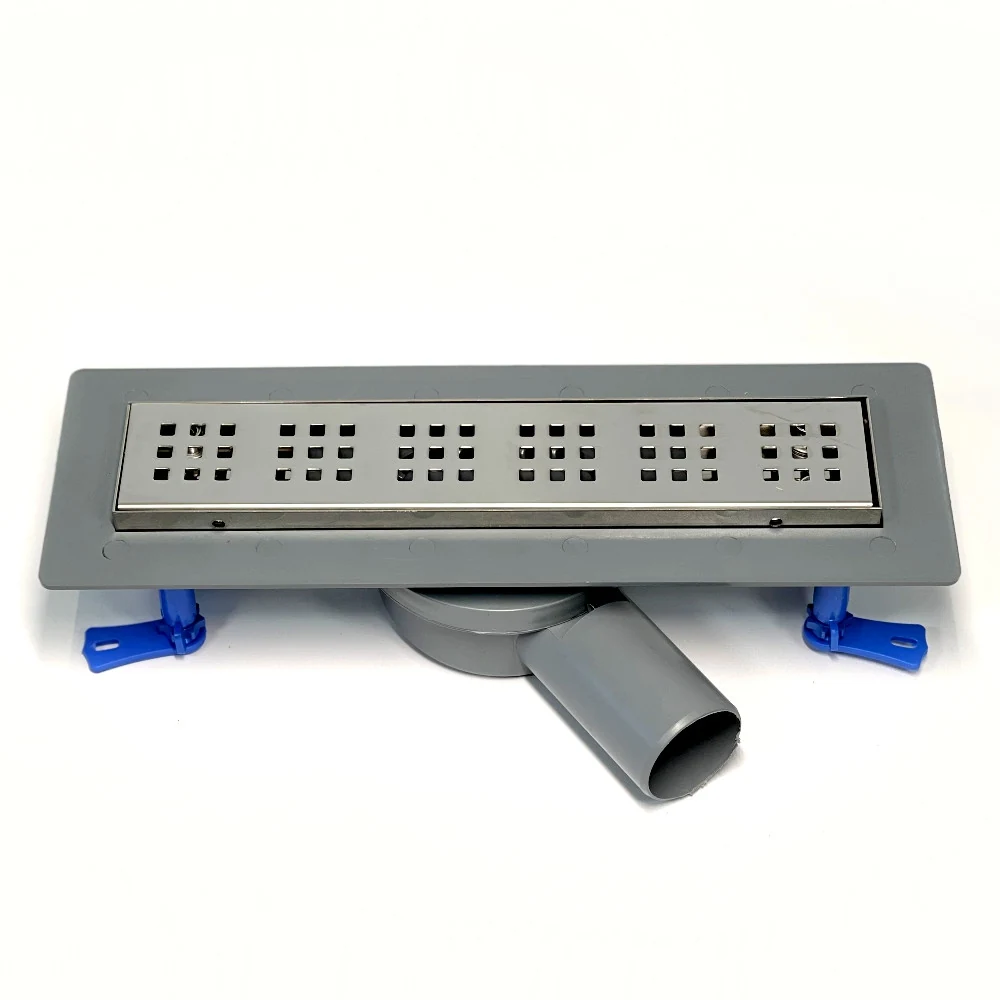 Shower drain with horizontal outlet, 33 cm square grate with horizontal flange Shower drain with horizontal outlet, 33 cm square grate with horizontal flange