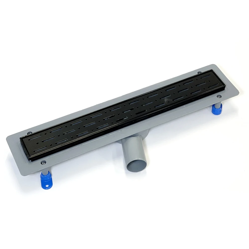 Shower drain with horizontal outlet, 50 cm, shower channel with dry seal, black grate