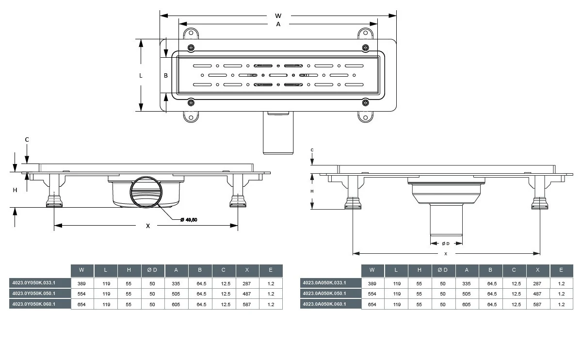 Shower drain with horizontal outlet, RAIN grate 60 cm, Shower channel with dry seal Shower drain with horizontal outlet, RAIN grate 60 cm, Shower channel with dry seal