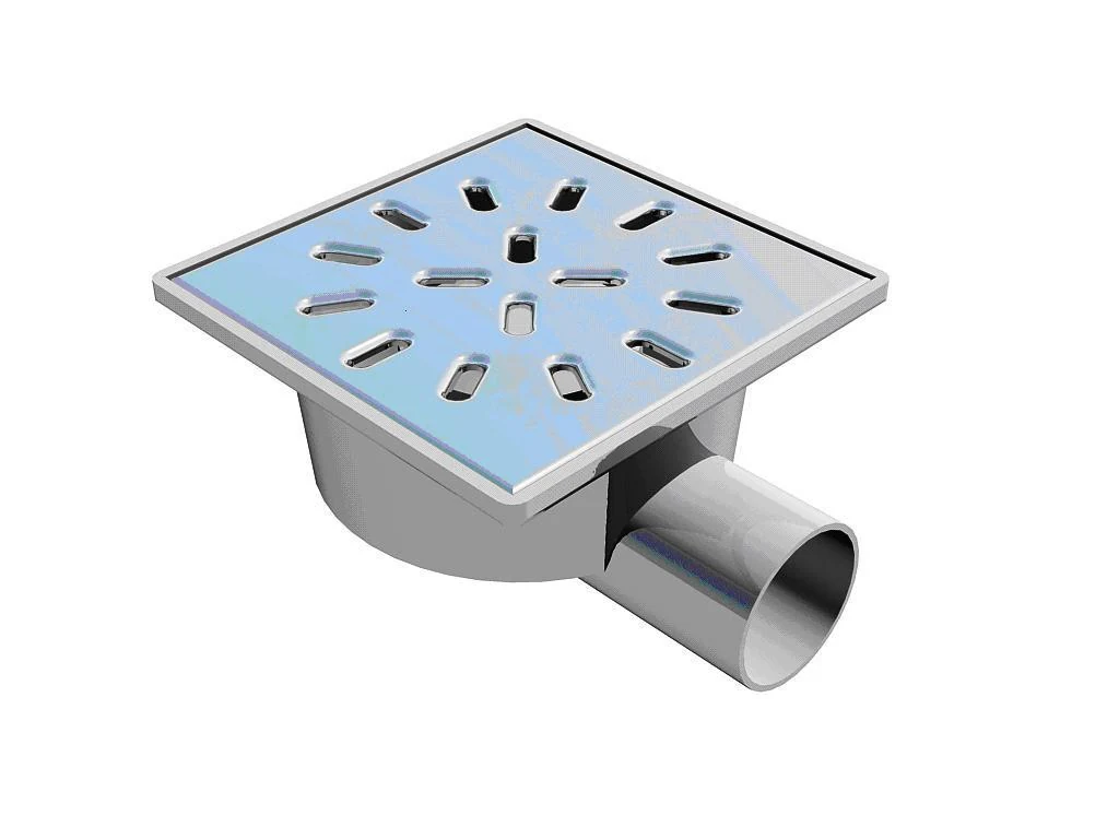 Shower drain with water seal, horizontal D50, stainless steel grate 150*150mm Shower drain with water seal, horizontal D50, stainless steel grate 150*150mm