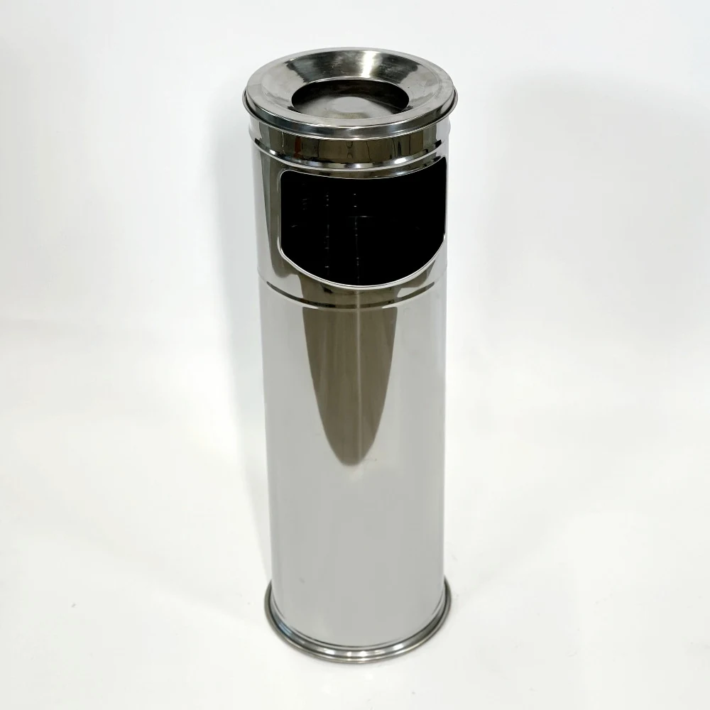 Stainless steel floor-mounted trash can with ashtray on top for outdoors and smoking areas 19cm diameter and 60cm height
