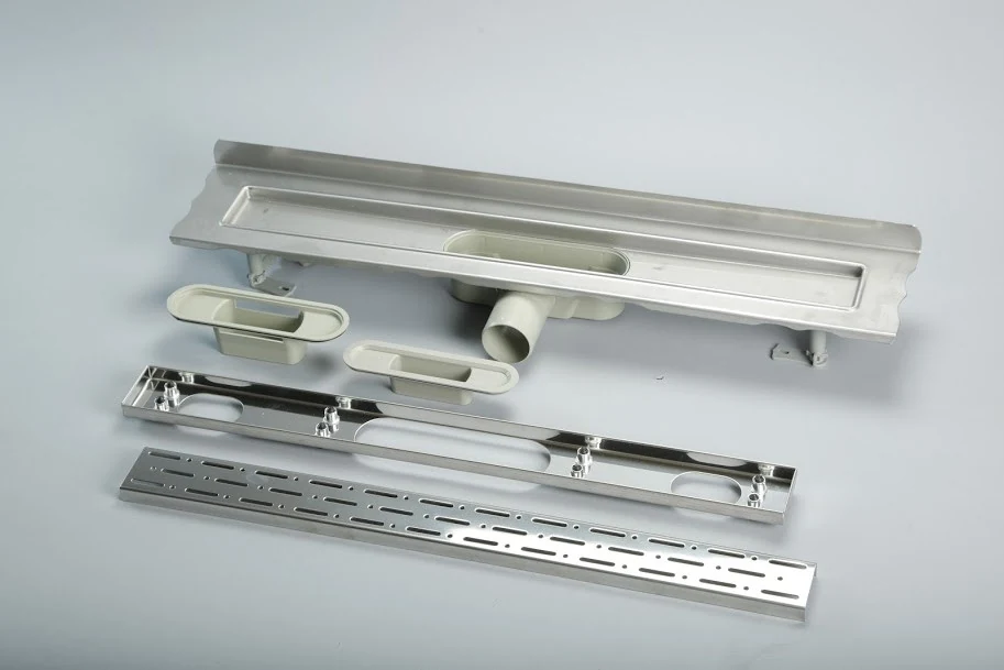 Stainless steel shower drain with vertical flange, 60 cm rain grate, shower drainage tray