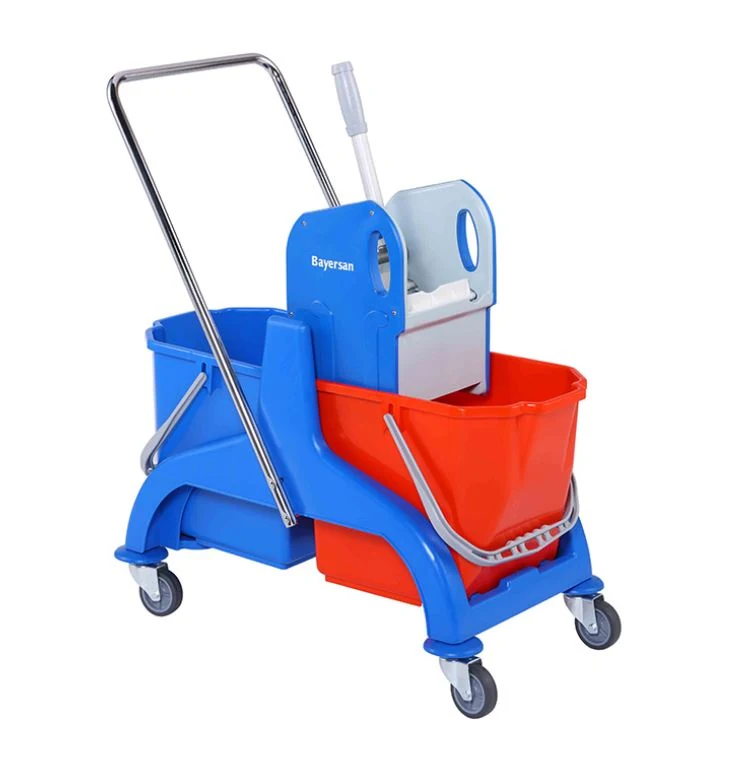 Trolley with plastic frame: 2 buckets 18 l., blue, flat press for squeezing