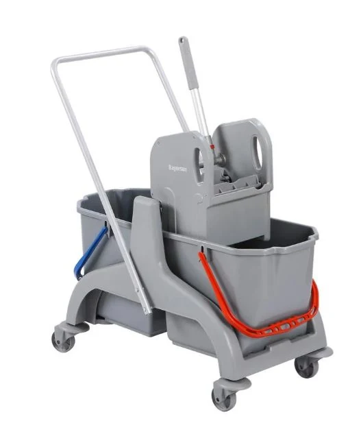 Trolley with plastic frame: 2 buckets 18 l., grey, flat press for squeezing