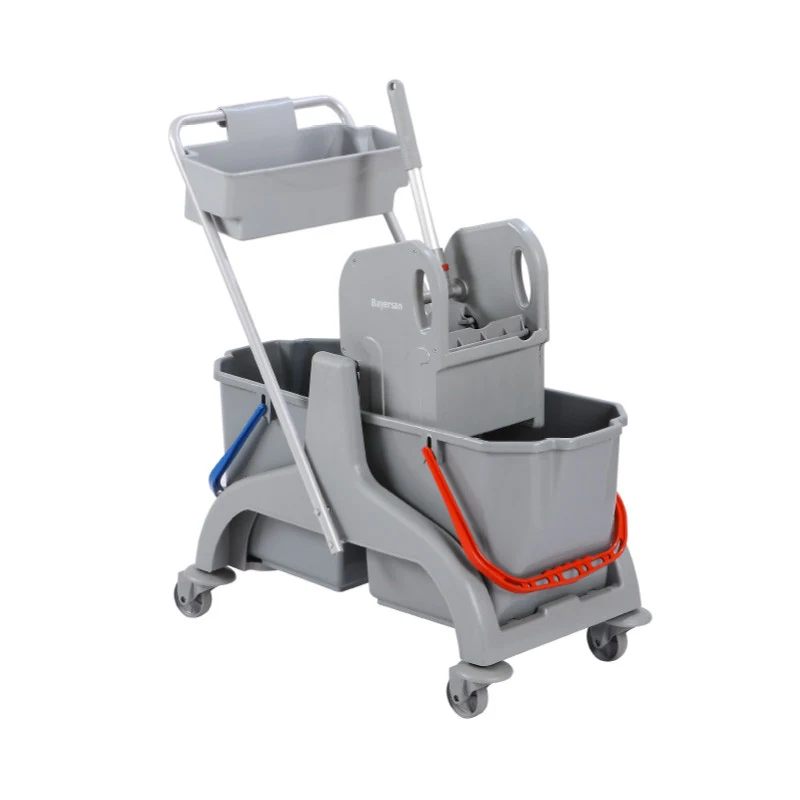 Trolley with plastic frame: 2 buckets 25 l., grey, flat press, basket