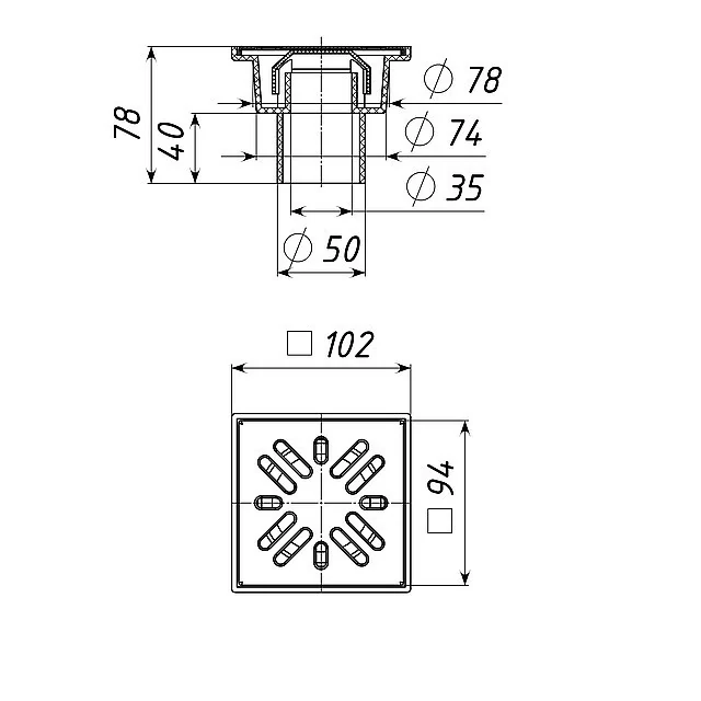 Vertical drain D50, stainless steel grate 150x150mm, with water seal Vertical drain D50, stainless steel grate 150x150mm, with water seal